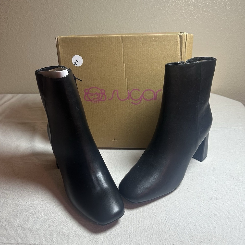 Sugar Womens Black Faux Leather Element Square Toe Block Heel Side Zip Boots 10M